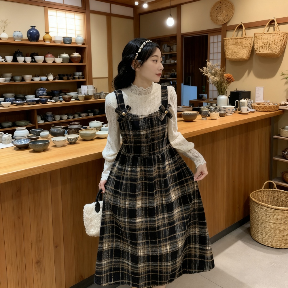 Show young strap dress plaid long dress for women