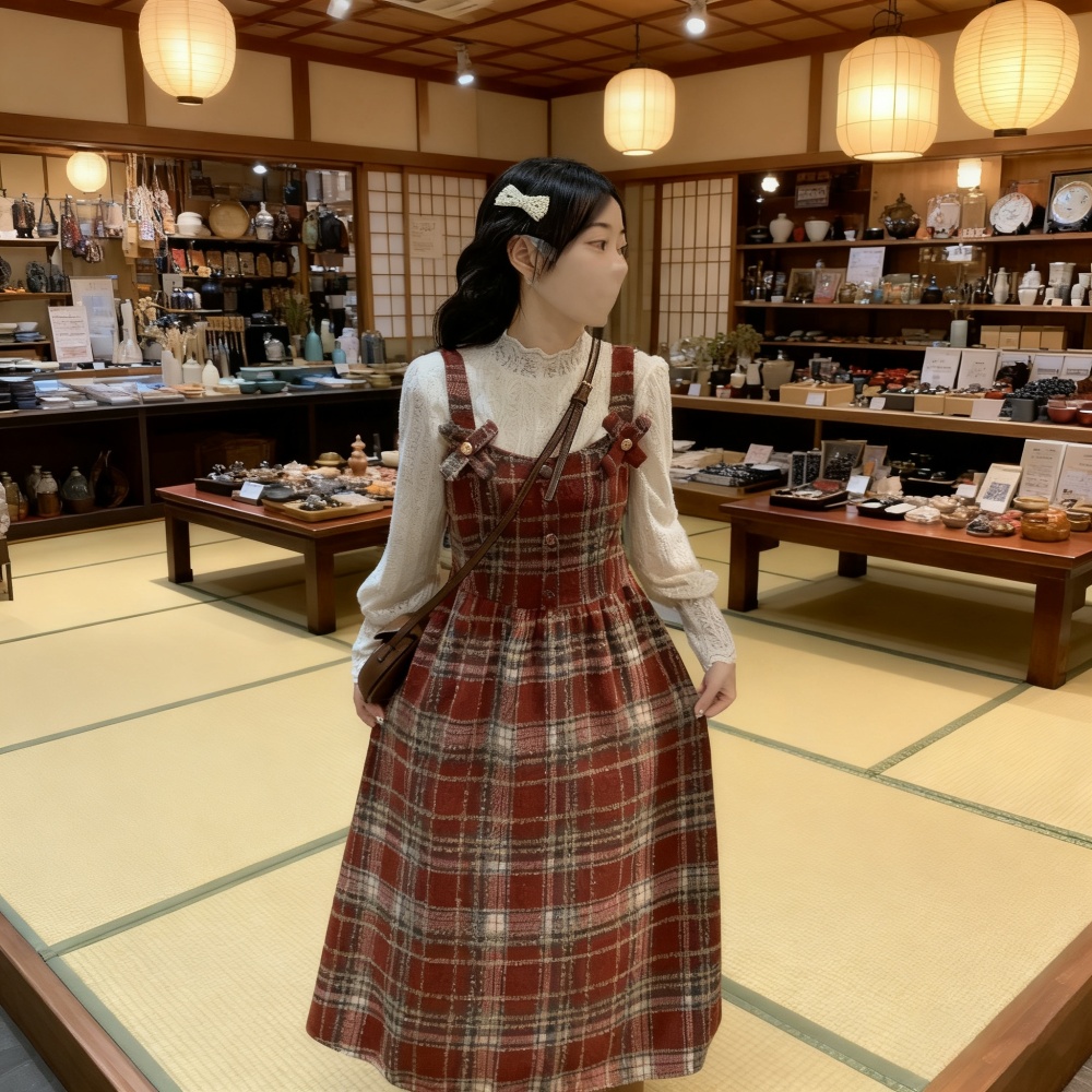 Show young strap dress plaid long dress for women