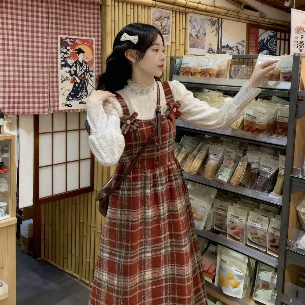 Show young strap dress plaid long dress for women