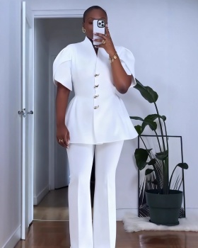 Elegant commuting long pants bud sleeve buckle tops 2pcs set