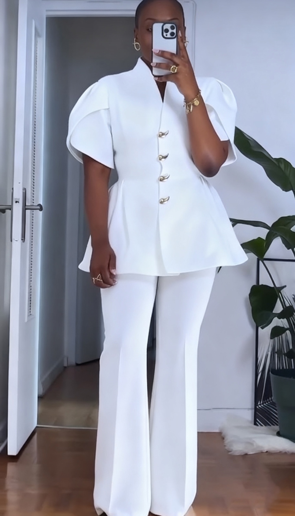 Elegant commuting long pants bud sleeve buckle tops 2pcs set