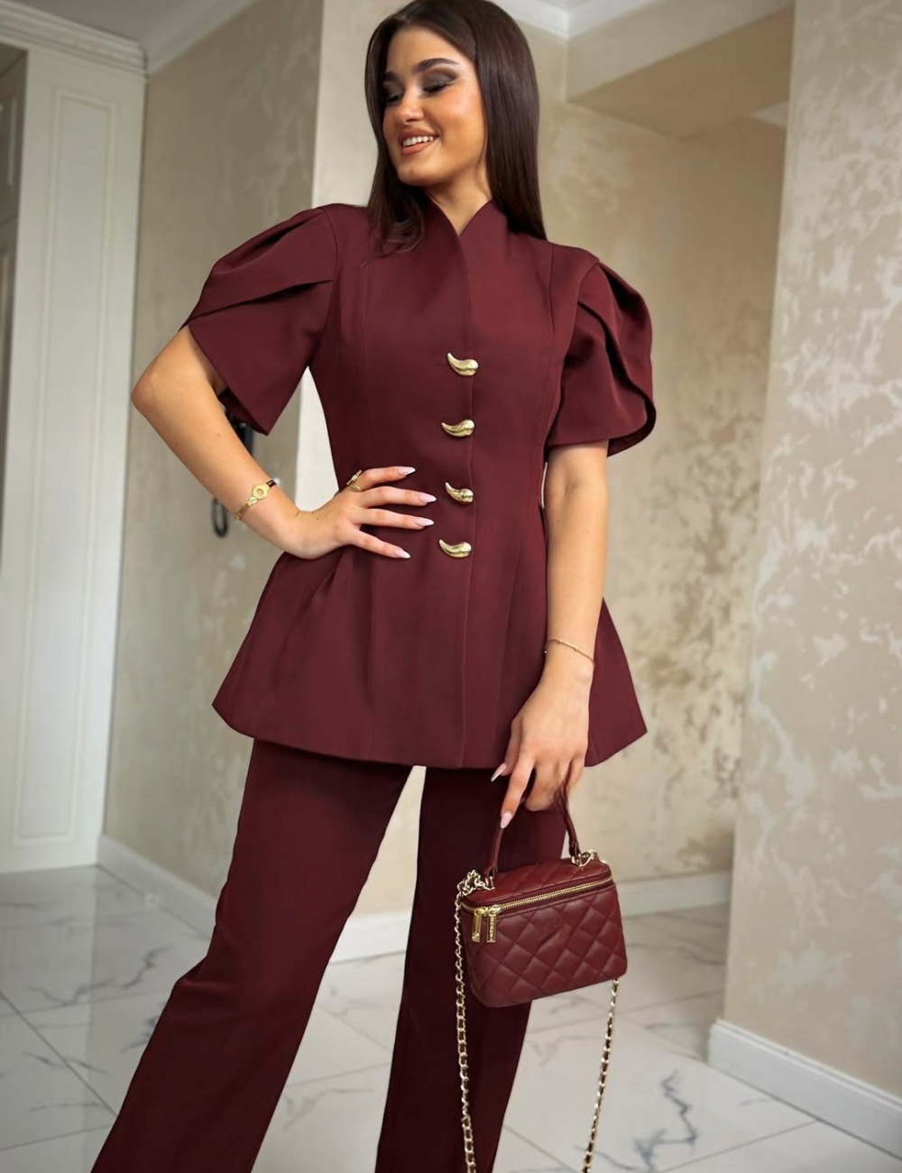 Elegant commuting long pants bud sleeve buckle tops 2pcs set