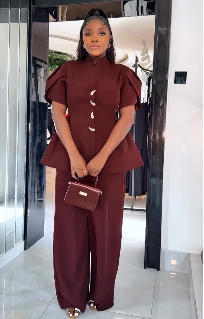 Elegant commuting long pants bud sleeve buckle tops 2pcs set