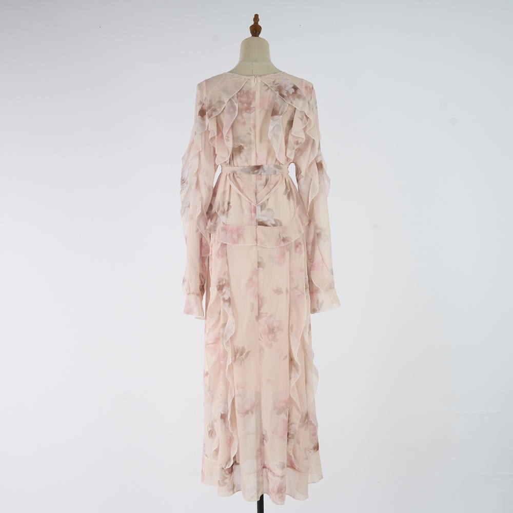 Light luxury long sleeve jumpsuit printing long dress