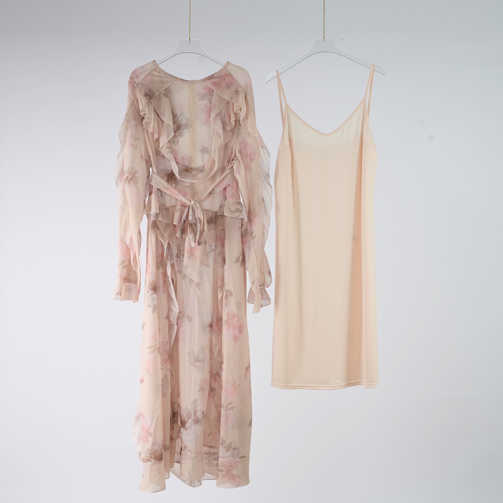 Light luxury long sleeve jumpsuit printing long dress