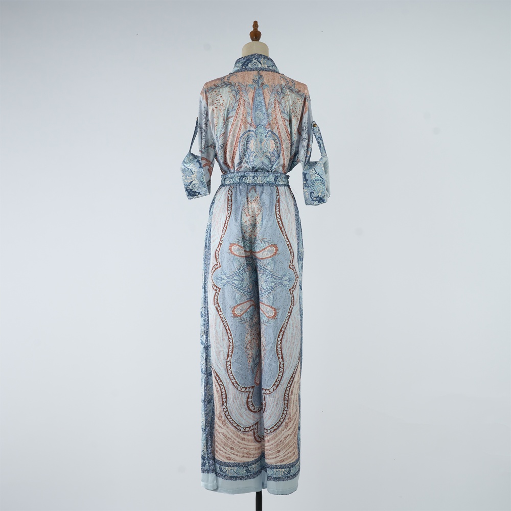 Short sleeve vacation long pants satin silk shirt a set