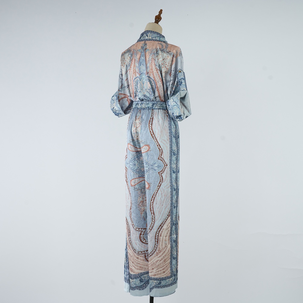 Short sleeve vacation long pants satin silk shirt a set