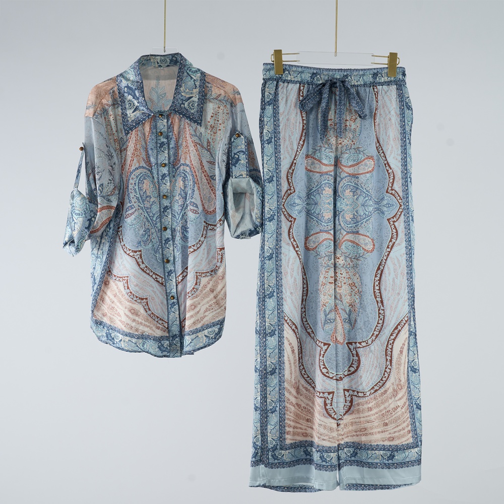 Short sleeve vacation long pants satin silk shirt a set