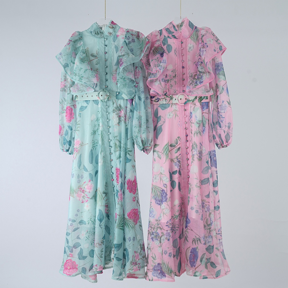 Autumn breasted dress pinched waist retro long dress