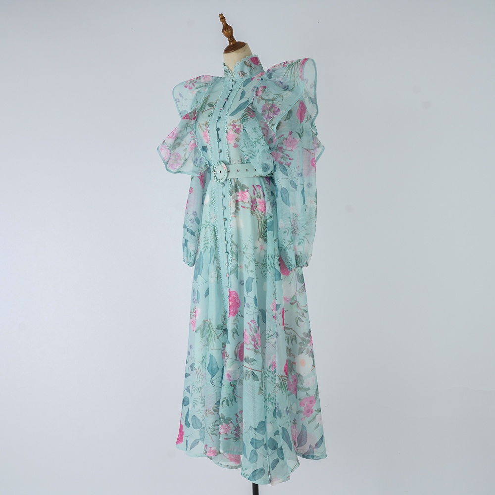 Autumn breasted dress pinched waist retro long dress