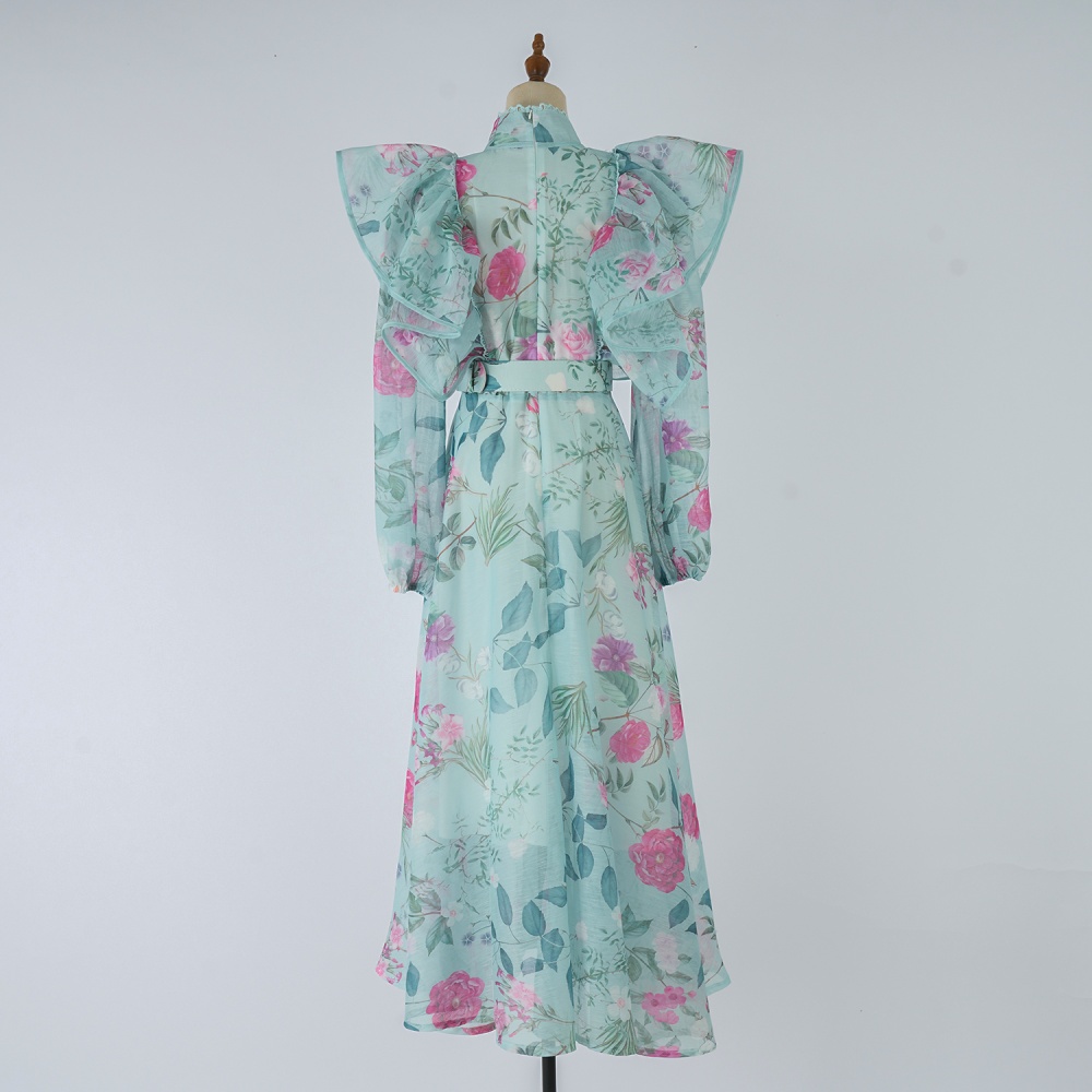 Autumn breasted dress pinched waist retro long dress