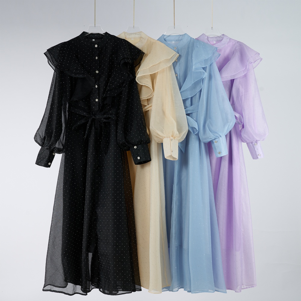 Niche pinched waist long dress light luxury polka dot dress