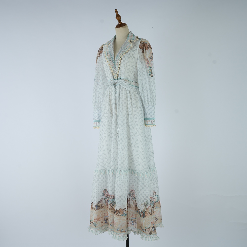 Pinched waist retro V-neck dress A-line shrug long dress