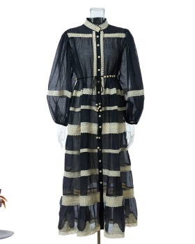 Autumn lace light luxury lantern sleeve stripe splice dress
