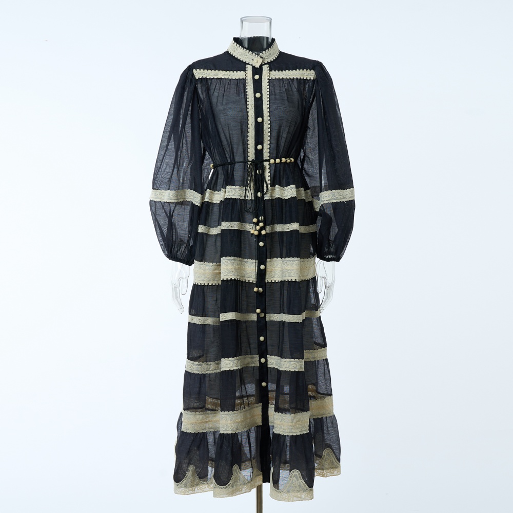 Autumn lace light luxury lantern sleeve stripe splice dress