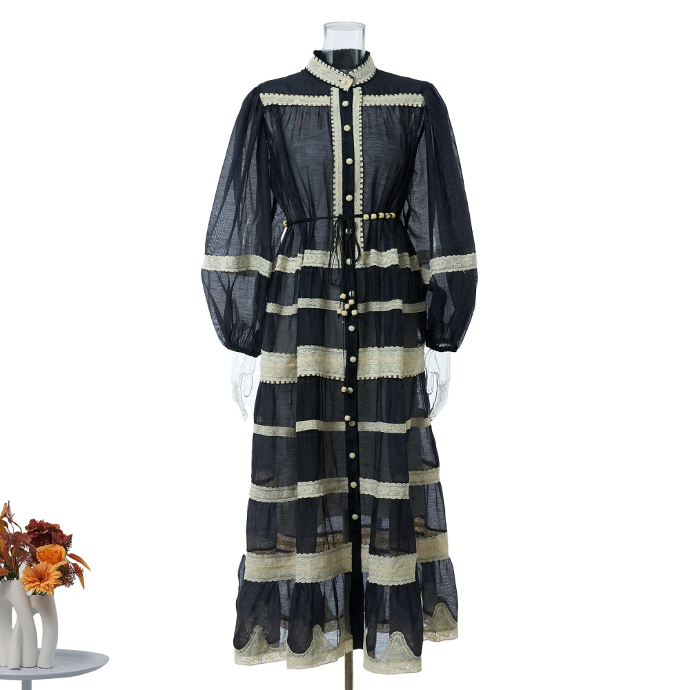 Autumn lace light luxury lantern sleeve stripe splice dress