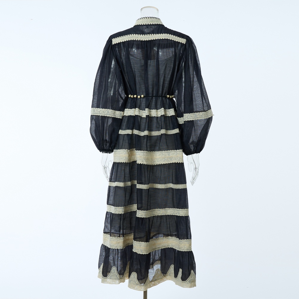 Autumn lace light luxury lantern sleeve stripe splice dress