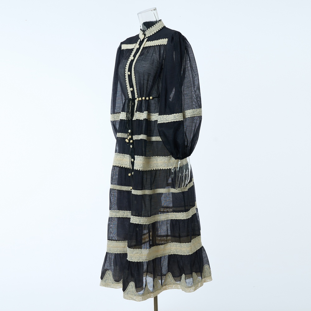 Autumn lace light luxury lantern sleeve stripe splice dress