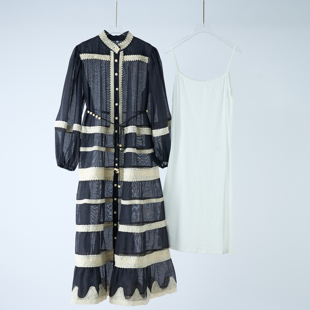 Autumn lace light luxury lantern sleeve stripe splice dress
