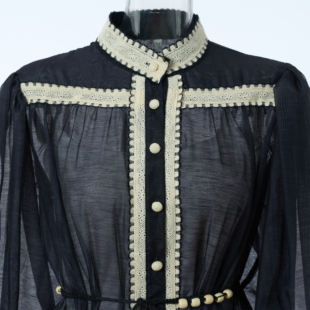 Autumn lace light luxury lantern sleeve stripe splice dress