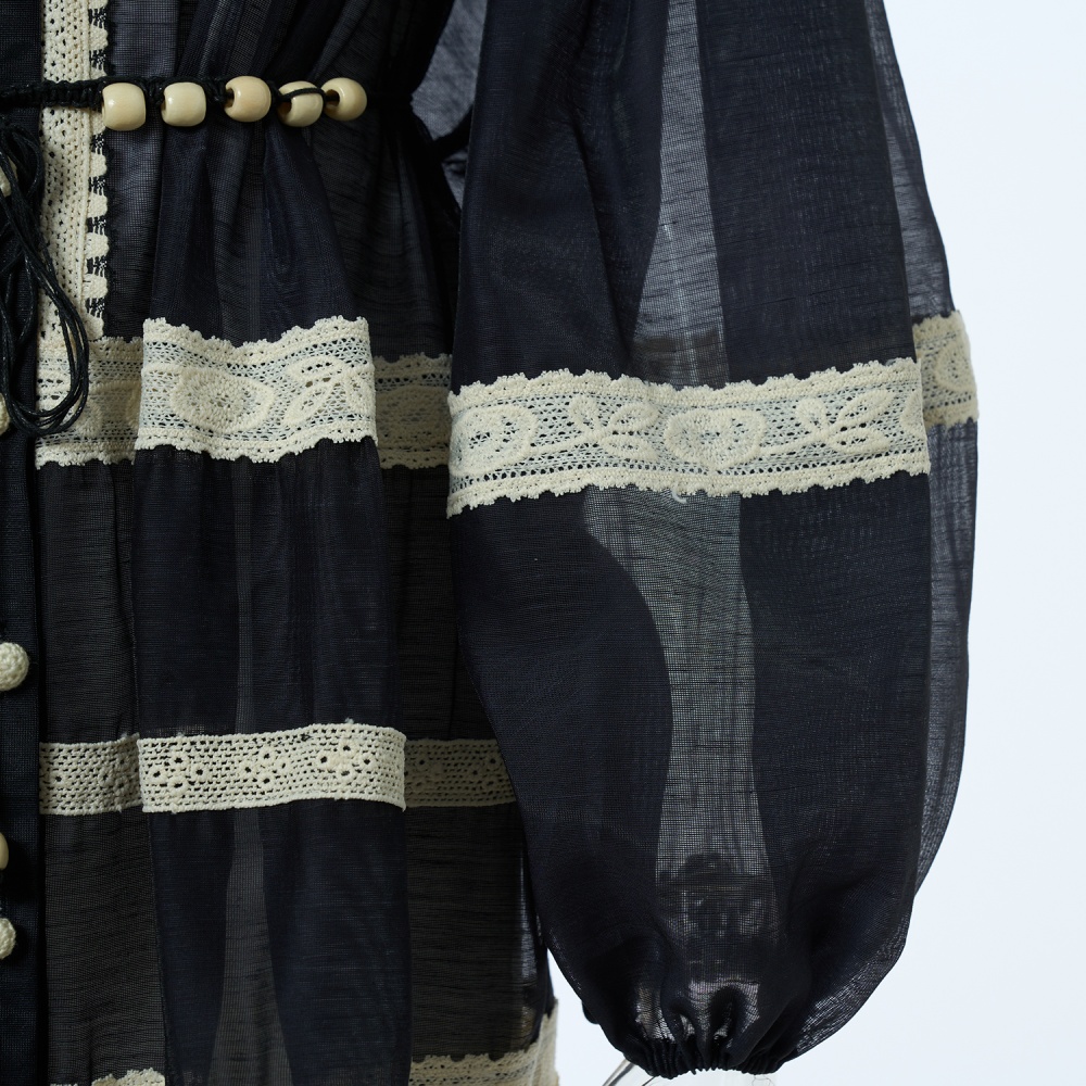 Autumn lace light luxury lantern sleeve stripe splice dress