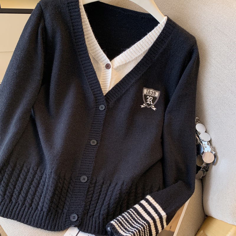 Embroidered V-neck sweater high elastic tops for women