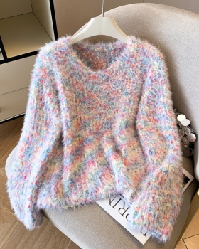 Mohair autumn and winter sweater streaked V-neck coat