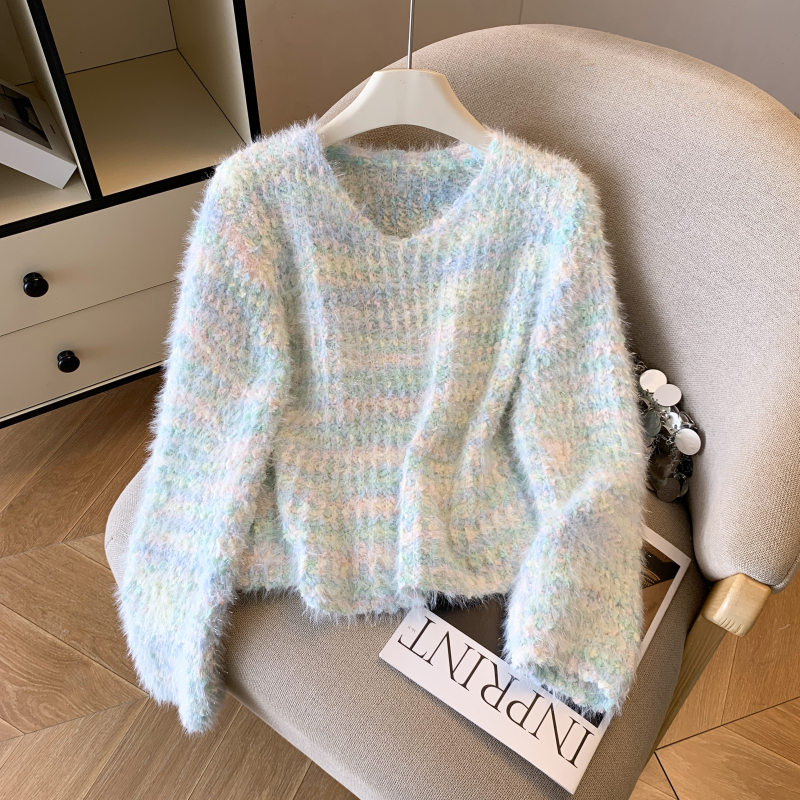 Mohair autumn and winter sweater streaked V-neck coat