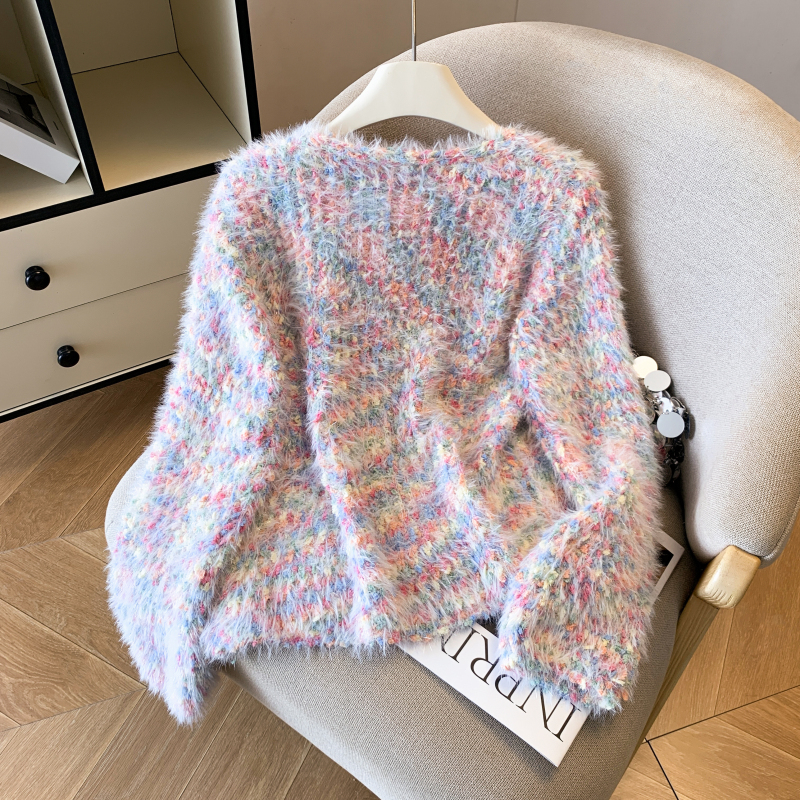 Mohair autumn and winter sweater streaked V-neck coat