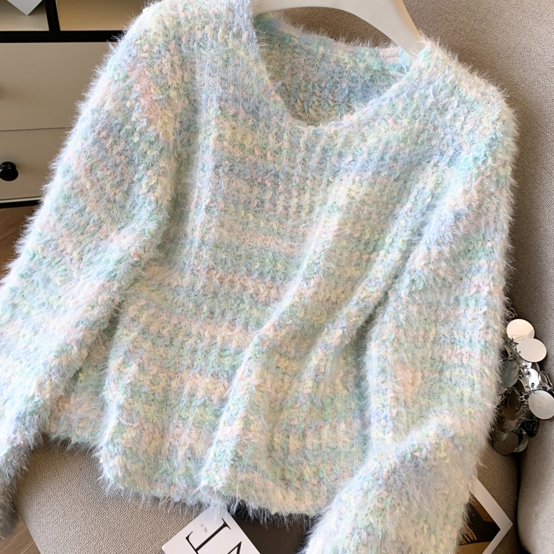 Mohair autumn and winter sweater streaked V-neck coat