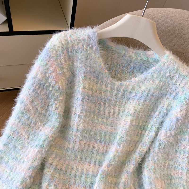 Mohair autumn and winter sweater streaked V-neck coat