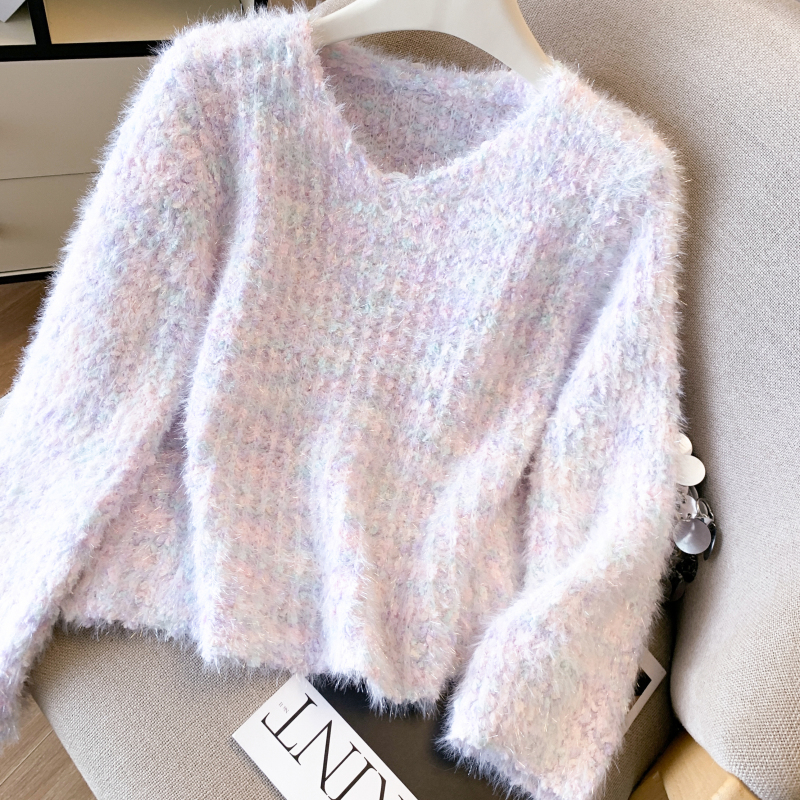 Mohair autumn and winter sweater streaked V-neck coat
