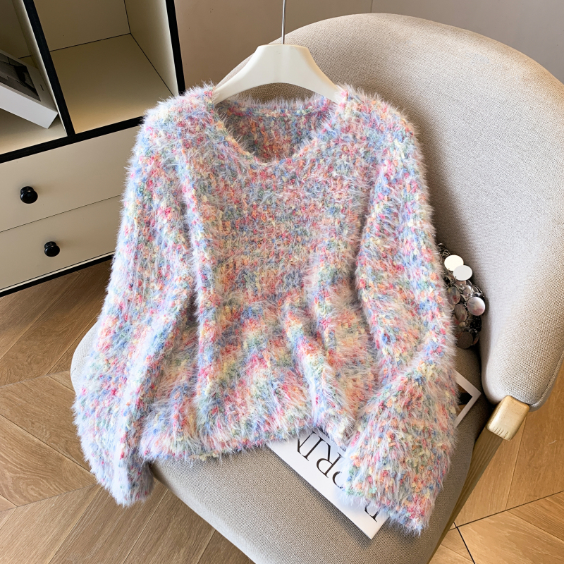 Mohair autumn and winter sweater streaked V-neck coat