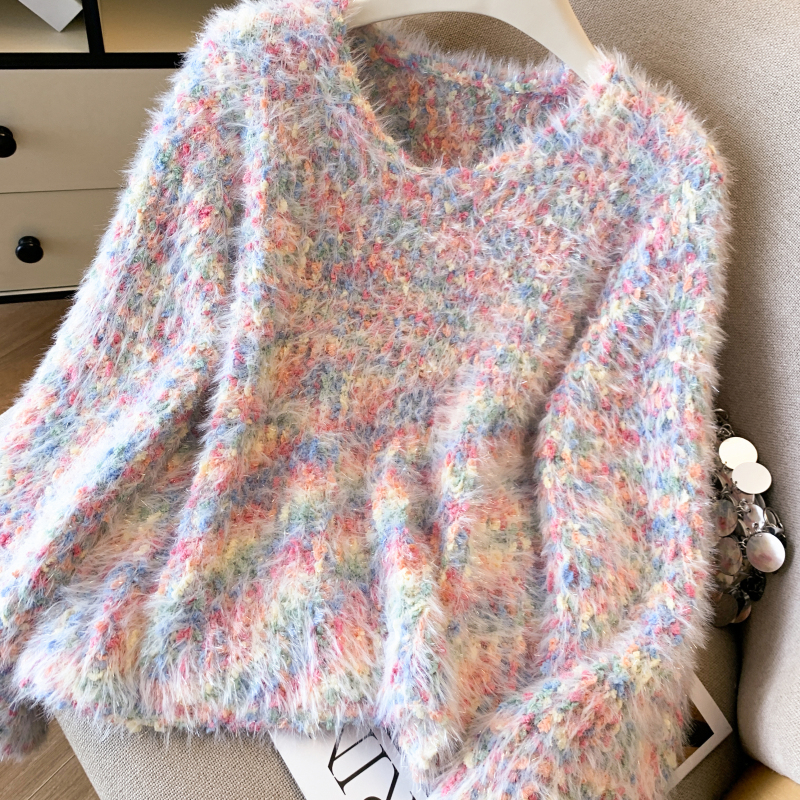 Mohair autumn and winter sweater streaked V-neck coat