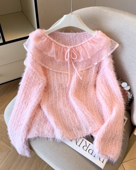 Lace knitted tops flat shoulder tender sweater for women