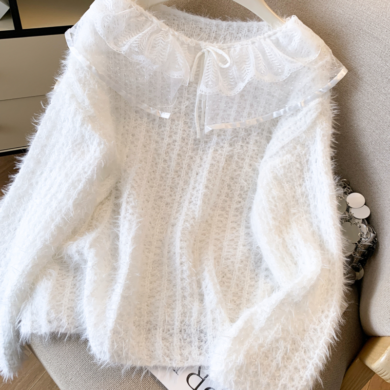 Lace knitted tops flat shoulder tender sweater for women