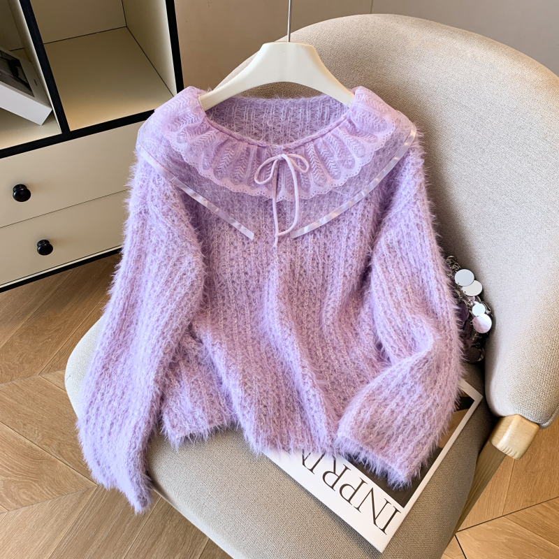 Lace knitted tops flat shoulder tender sweater for women