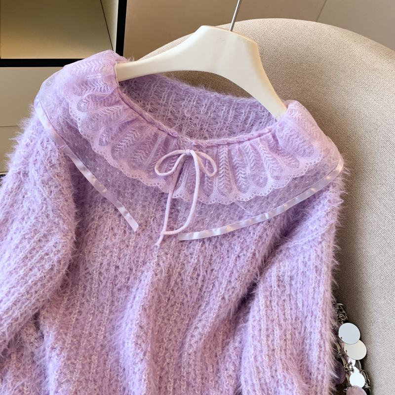 Lace knitted tops flat shoulder tender sweater for women