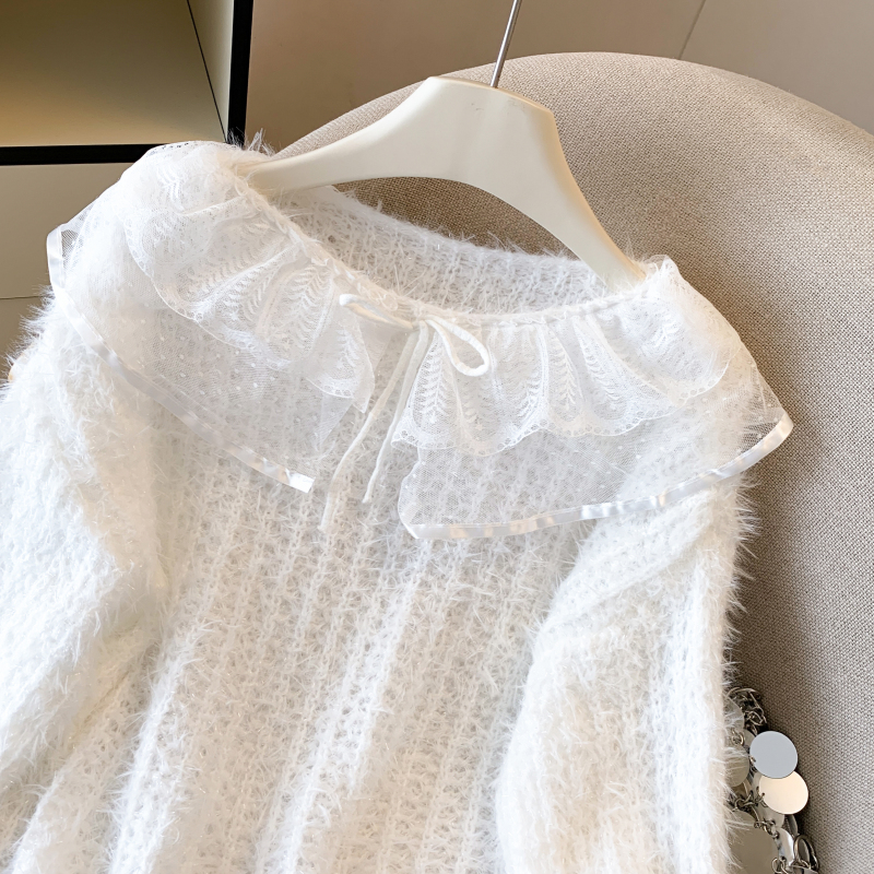 Lace knitted tops flat shoulder tender sweater for women