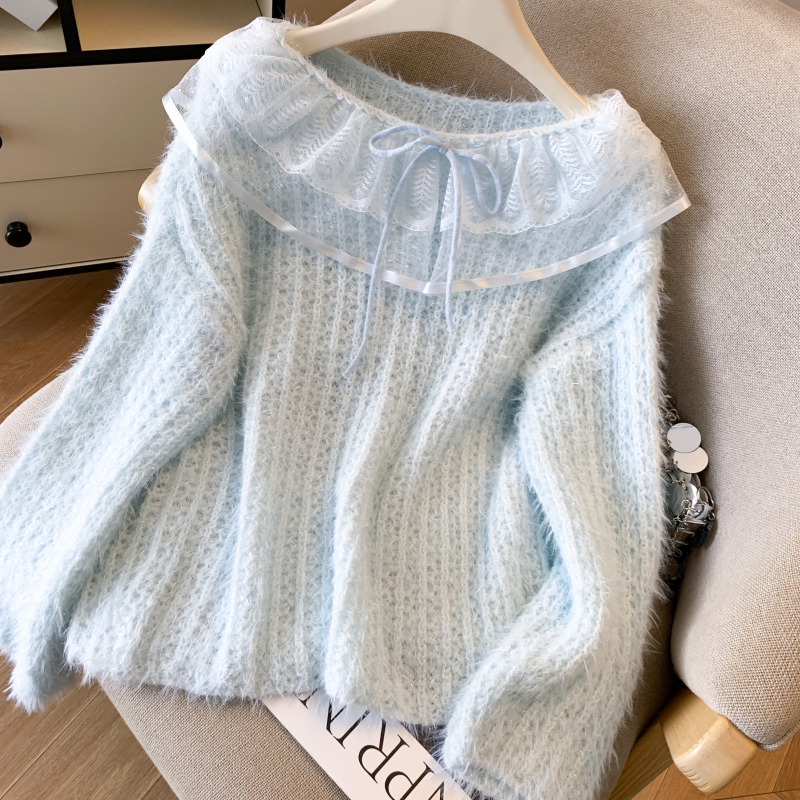 Lace knitted tops flat shoulder tender sweater for women