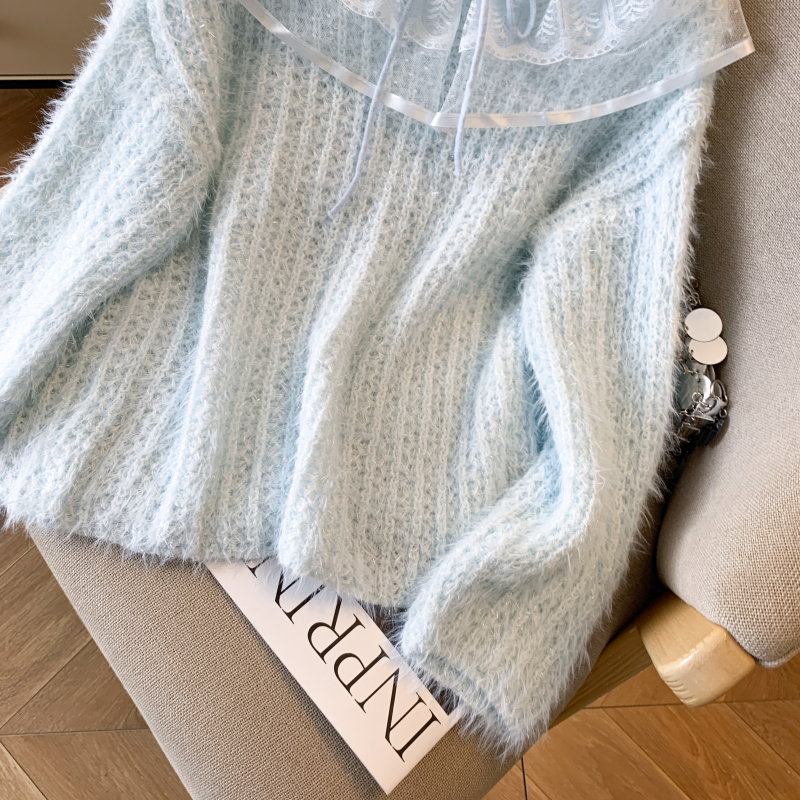 Lace knitted tops flat shoulder tender sweater for women