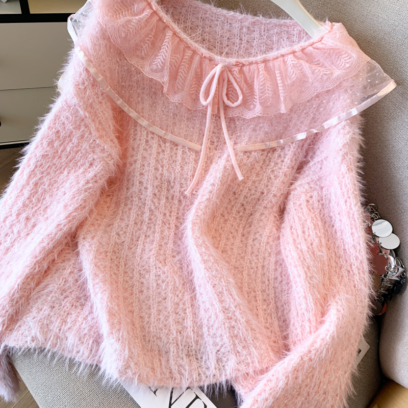 Lace knitted tops flat shoulder tender sweater for women