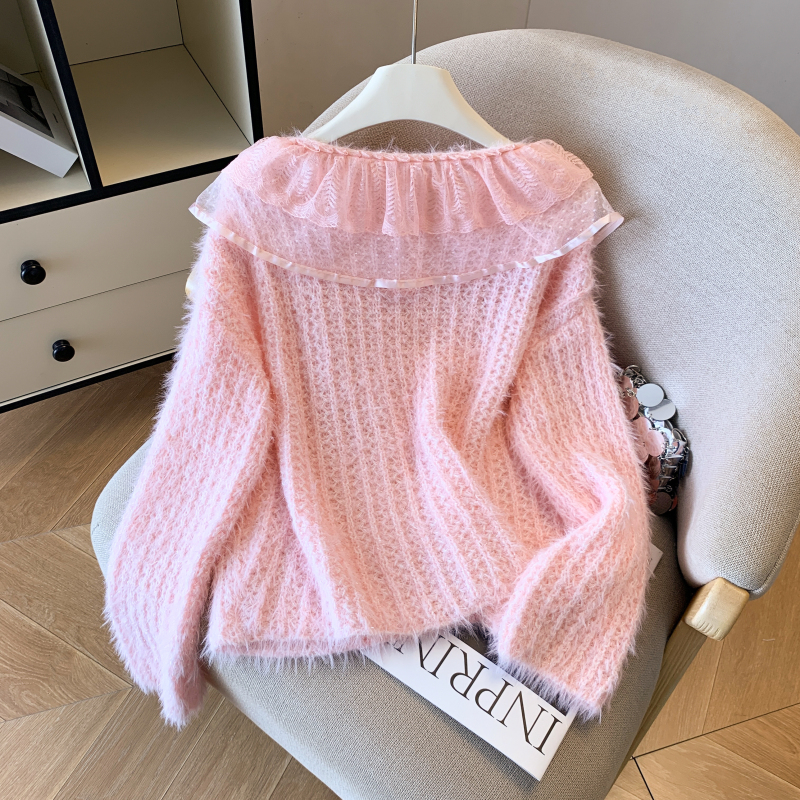 Lace knitted tops flat shoulder tender sweater for women