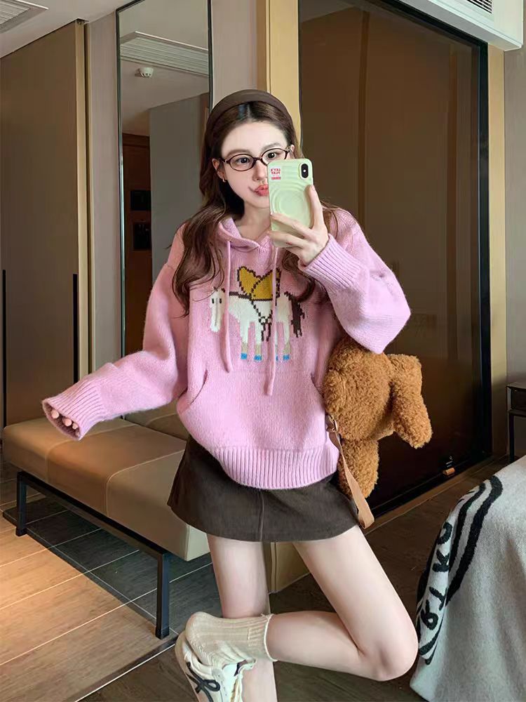 Hooded lazy tops pullover sweater for women