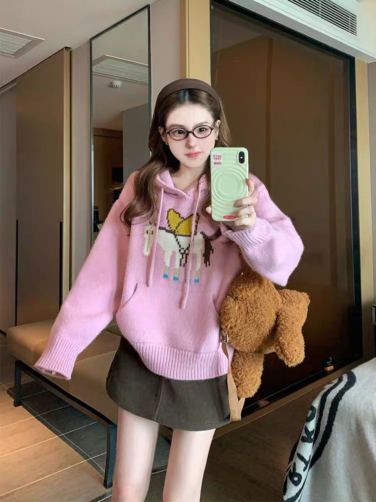 Hooded lazy tops pullover sweater for women