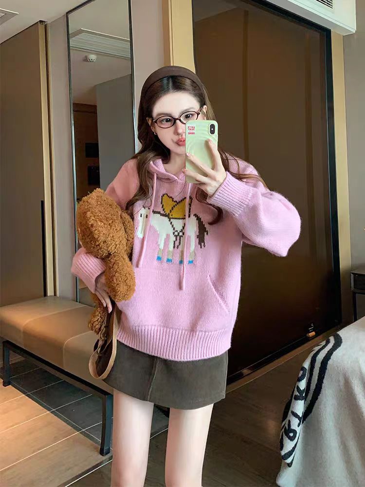 Hooded lazy tops pullover sweater for women