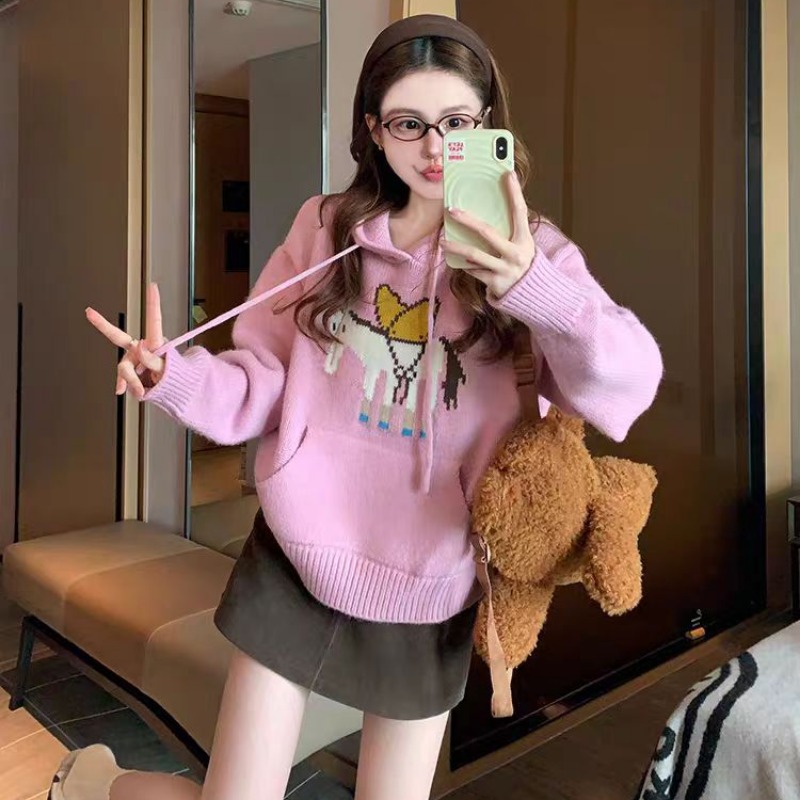 Hooded lazy tops pullover sweater for women