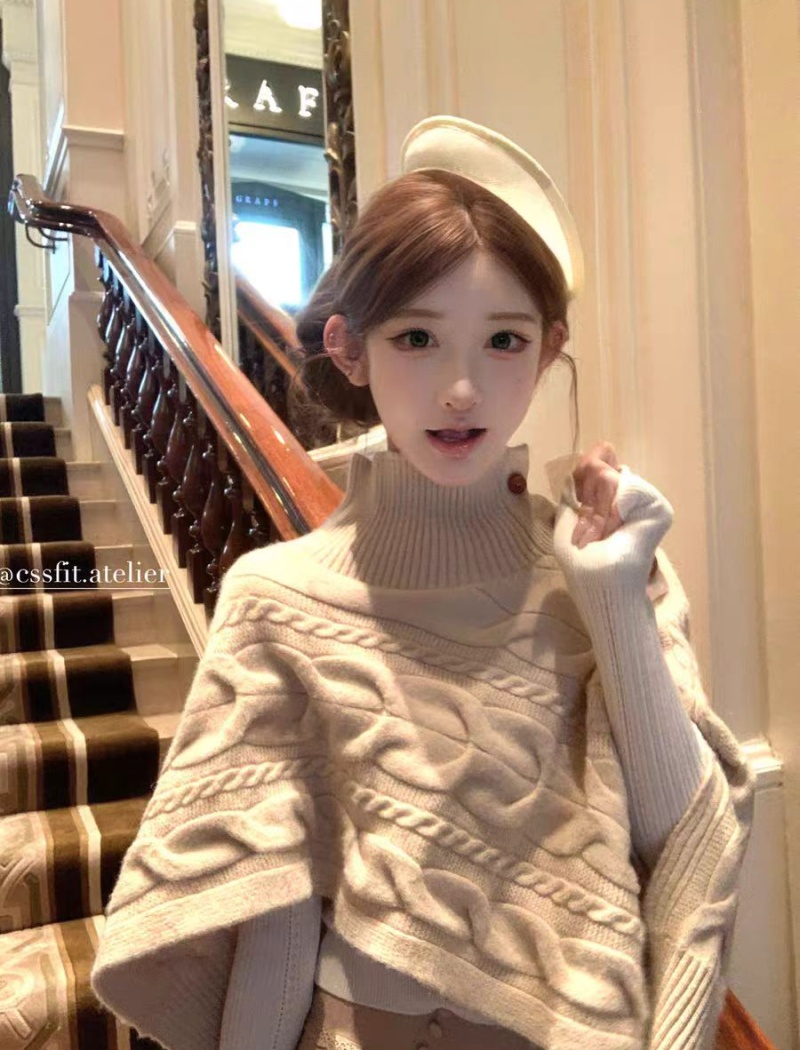 Twist knitted high collar saturn irregular cloak