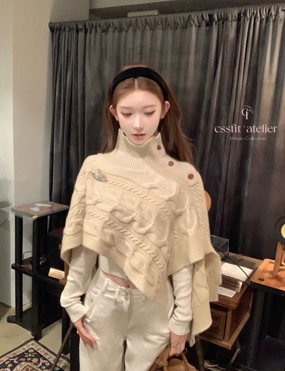 Twist knitted high collar saturn irregular cloak