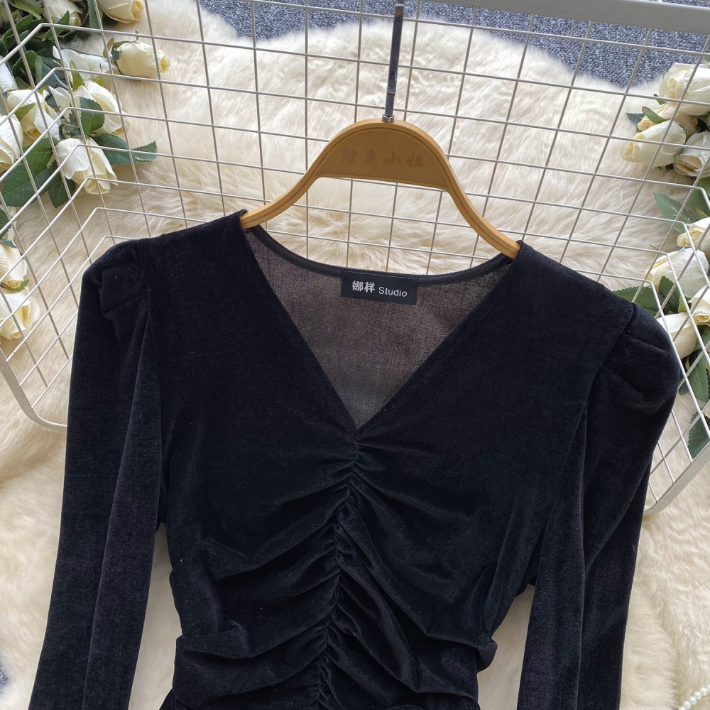 Split fold shirt France style retro bottoming shirt for women